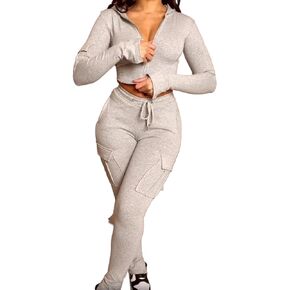 SHINFY Women's 2 Piece Outfits Bodycon Cropped Hoodie Cargo Sweatpants Leggings Jogger Sweatsuits Tracksuit