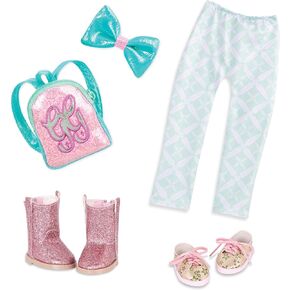 Glitter Girls – 14-inch Doll Clothes and Accessories – Leggings, Shoes, Hair Bow, and Backpack Fashion Set – Glitter & Stars – Toys for Kids Ages 3 and Up (Pink & Blue)