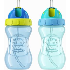 YOHKOH No-Spill Sippy Cup with Flex Straw for Kids - 10 Ounce Bottles - Training Sippy Cups for Toddlers 6+ Months (2-Pack) (Green/Blue)
