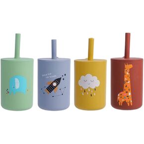 Silicone Baby Cups with Lids and Silicone Straws, Unbreakable Trainer Cup for Baby Led Weaning, Silicone Drinking Straw for Kids and Adults, BPA Free, 6 Months+ 4-Pack