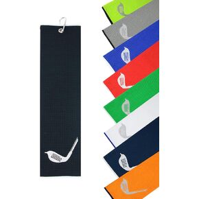 Birdie Club Head Tri-fold Microfiber Waffle Golf Towel with Clip 16"X21" (Black)