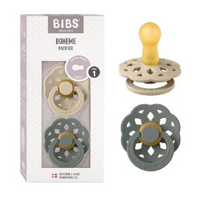 BIBS Pacifiers 0-6 Months | Boheme Collection 2-Pack | BPA-Free Round Nipple | Made in Denmark | Vanilla/Pine Color Pacifier