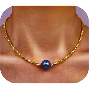 GEMTAL Dainty Single Pearl Pendant Necklaces for Women Trendy,Womens Black Stone Beaded Choker Necklace,Delicate Round Freshwater Pearl Necklace Jewelry Gift for Women Girls