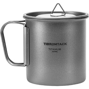 TIBROMTACK Camping Cup with Lid Pure Titanium Coffee Mug Ultralight 450ml Outdoor Small Camping Pot with Foldable Handle for Backpacking Hiking Travel and Daily Use with Mesh Bag