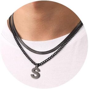 P.BLAKE Layered Initial A-Z Pendant Necklace for Men Boys, Stainless Steel Letter Cuban Link Herringbone Chain Necklace Fashion Jewelry Gifts