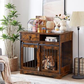 35-Inch Dog Crate Furniture,Dog Cage with Sliding Door, Drawer and Storage - Wooden Dog Kennel End Table, Easy Assembly - Ideal for Small to Medium Dogs - Rustic Brown in Kuwait