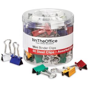 مشابك تجليد صغيرة 1InTheOffice، مشبك ورق، مشابك معدنية، مشبك تجليد المستندات، ألوان متنوعة، 60 قطعة