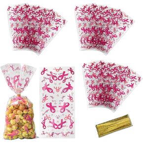 Ysqool 50 Breast Cancer Support Cellophane Gift Bags with Twist Ties,Pink Ribbon Printed Plastic Treat Bags Candy Goody Gift Bags for Breast Cancer Awareness Month Activity Charity Party Supplies