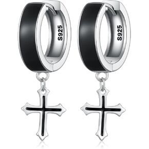 Black Hoop Earrings for Men Women 925 Sterling Silver Black Cross Hoop Earrings for Men Women Huggie Earrings Jewelry Gifts for Men Women