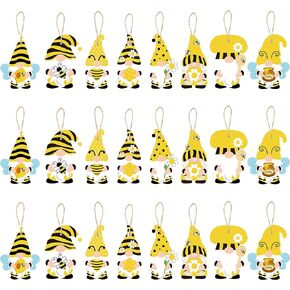 WATINC 25 Pack Bee Gnome Hanging Wooden Ornament, Yellow Honeybee Gnome with Hat Wooden Pendant for Birthday Party Decor, Summer Animals Themed Hanging Tag with Rope for Holiday Party Favor Supplies