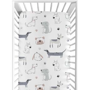 Sweet Jojo Designs Dog Boy Baby Fitted Crib Sheet Infant Newborn Nursery Toddler Bed Room Standard Mattress Neutral Grey Taupe Blue Modern Puppy Pet Watercolor Puppies Bulldog Wiener Doggy Paw Print