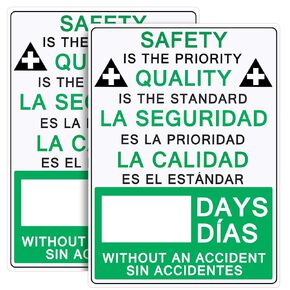 2 Pcs Days Without Accident Sign 20" x 14" Plastic Spanish Bilingual Safety Sign "SAFETY IS THE PRIORITY QUALITY IS THE STANDARD - DAYS WITHOUT AN ACCIDENT - ACCIDENTS ARE AVOIDABLE"