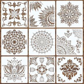 9 Pack Large Reusable Stencil Mandala Stencil Laser Cut Painting Template for Wood Wall Floor Tile Fabric Crafts Furniture Stencils Painting(12x12 Inch)
