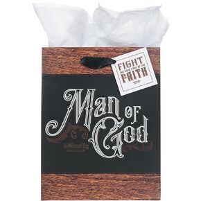 حقيبة هدايا كبيرة ذات مناظر طبيعية من Christian Art Gifts مع مجموعة من البطاقات والمناديل الورقية: رجل الله - 1 تيموثي 6:11 آية الكتاب المقدس الملهمة، أسود