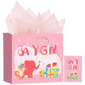 Powbrace Baby Boy Gift Bag with Tissue Paper and Greeting Card for Birthday,Party,Baby Gift Bag,13" Gift Bags Medium size(1-PCS Blue Animals, Happy Birthday)