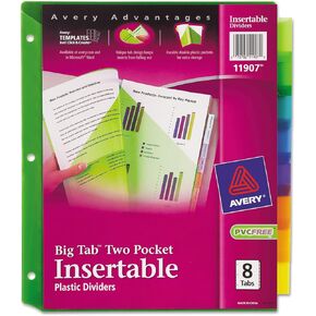 Avery 11907 Two-Pocket Insertable Dividers, Plastic, 8-Tab, Multi-Color