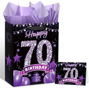 Black Purple 60th Birthday Gift Bag with Happy 60th Birthday Greeting Card and Tissue Paper for Women Black Purple 60th Birthday Gift Wrap Bag with Handles for 60th Birthday Party Decorations Supplies