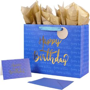 Jaywayang 13" Large Navy Blue Happy Birthday Gift Bag with Greeting Card and Tissue Papers for Men Birthday Party.