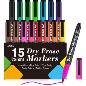 Lelix 15 Colors Dry Erase Markers, Magnetic Whiteboard Markers Fine Point with Eraser for Back to School, Office, Home Perfect for Writing on White Board, Dry Erase Board, Mirror, Glass
