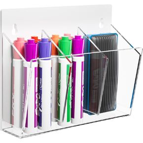 MaxGear Magnetic Marker Holder with 3 Compartments, Clear Acrylic Dry Erase Marker Organizer for Whiteboard, Wall & Locker Accessories - Includes Screws