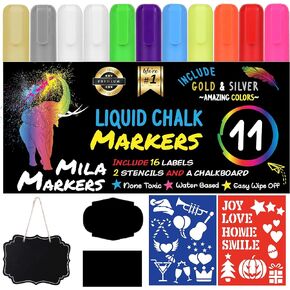 Mila 11 Multicolored Liquid Chalk Markers | Includes Mini Chalkboard, 16 Labels & 2 Stencils | Erasable, Non-Toxic, Water-Based | 6 mm Reversible Tip | On Glass, Blackboards & More | For Kids & Adults