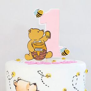 Cute Bear Cake Topper For 1st Birthday - Sweet Bee Theme Baby Shower, Birthday Girl Topper, Winnie The Pooh High Cake Topper, Winnie One Topper, Pink Vintage Winnie Cake Decoration