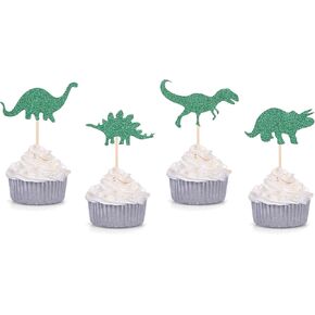 أغطية كب كيك على شكل ديناصور لامعة باللون الأخضر لتزيين حفلات أعياد الميلاد الأولى للأطفال الصغار - مجموعة من 24 قطعة in Kuwait
