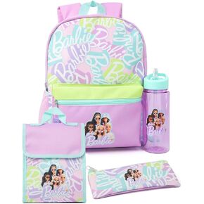 Barbie Girls 4 Piece Backpack Set | Kids Multicolor Rucksack Bundle with School Bag, Pencil Case, Lunch Bag & Water Bottle