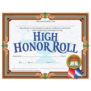 Hayes High Honor Roll Certificate, 8.5-inch x 11-inch, Pack of 30 (H-VA686)