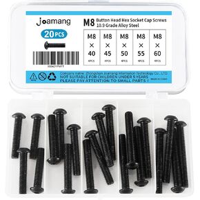 M8 x 12mm 16mm 18mm 20mm 25mm Button Head Socket Cap Screws Bolts, 10.9 Grade Alloy Steel, Black Oxide Finish, Metric Allen Hex Drive, Fully Threaded, Assortment Kit 50Pcs