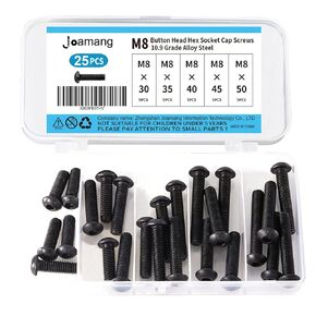 M8 x 12mm 16mm 18mm 20mm 25mm Button Head Socket Cap Screws Bolts, 10.9 Grade Alloy Steel, Black Oxide Finish, Metric Allen Hex Drive, Fully Threaded, Assortment Kit 50Pcs