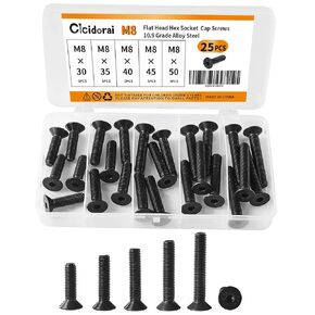 Cicidorai M8 x 10mm 12mm 16mm 20mm 25mm Flat Head Hex Socket Cap Screws Countersunk Bolts, 10.9 Grade Alloy Steel, Black Oxide Finish, Fully Threaded, Metric Allen Hex Drive, Assortment Kit 50Pcs