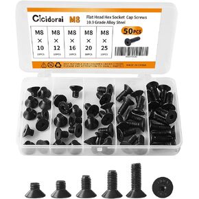 Cicidorai M8 x 10mm 12mm 16mm 20mm 25mm Flat Head Hex Socket Cap Screws Countersunk Bolts, 10.9 Grade Alloy Steel, Black Oxide Finish, Fully Threaded, Metric Allen Hex Drive, Assortment Kit 50Pcs in Kuwait