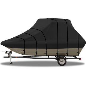 غطاء قارب GJMZTQG 900D عالي التحمل مقاوم للماء ومقاوم للتمزق مع أشرطة إبزيم مقاومة للرياح، غطاء قارب لوحدة التحكم المركزية قابل للمقطورة من الدرجة البحرية، أسود (شامل كليًا، 22-24 قدمًا)