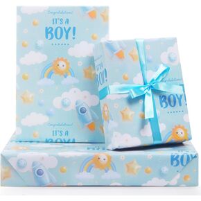 It's a Boy Wrapping Paper for Newborn baby boy Kids, Light Blue Gift Wrap Paper,6 Sheets Folded Flat 20x28 inches per Sheet with Ribbon for Baby Shower Birthday Celebration Gift Wrap