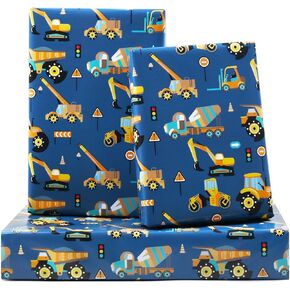Road Under Construction Excavator Tractor Dump Truck Wrapping Paper for Kids Boys, Birthday Wrapping Paper Construction Design 7 Sheets Folded Flat 20x28 inches per Sheet for Birthday Baby Showers