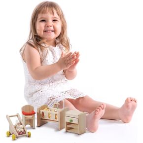 PlanToys Wooden Classic Line of Dollhouse Furniture - Nursery with Baby (7329) / Sustainably Made from Rubberwood and Non-Toxic Paints and Dyes