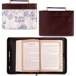 Christian Art Gifts Faux Leather Fashion Bible Cover - Be Still and Know - Psalm 46:10 Inspirational Bible Verse, Neutral Floral, Burgundy, Large