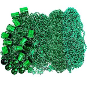 4E's Novelty St Patricks Day Beads Necklace Bulk (72 Pack) Green Shamrock Beads Shot Glass Assortment - St Patricks Day Gifts for Kids, 33" 8mm Irish Kids Party Favor Supplies Costume Accessories