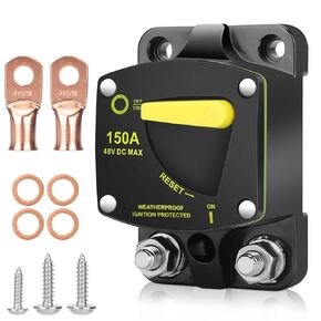 Linkstyle 150Amp Circuit Breaker W/Manual Reset Switch DC 12-48V High Amperage,w/Wire Lugs Copper Washer for Car Audio RV Marine Boat Truck Trolling Motors Stereo Audio Electronic Battery Solar System