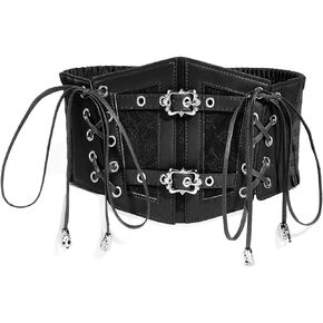 Vintage Faux Leather Corset Belt Sides Lace-up Medieval Renaissance Underbust Wide Elastic Waist Belts for Women