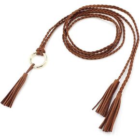 Brown Tassel Braided Waist Belt for Women Skinny Woven Chains Belts Belly PU Leather Rope Jewelry Accessories for Dress
