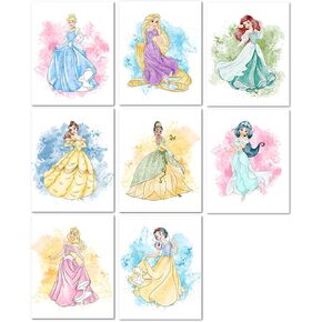 Nistio Princess Nursery Wall Art Prints, Ariel Nursery Poster, Newborn Gift, Cinderella Baby Room Decor For Girls, Princess Cinderella, Rapunzel, Ariel, Belle, Tiana, Jasmine, Set of 8 Prints, 8x10