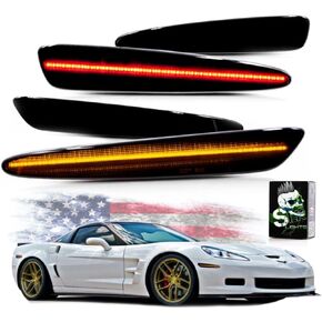 SLK-Lights LED Side Marker Lights for Chevrolet C6 Corvette 2005-2013 Amber LED Front & Red LED Rear C6 Marker Lights Replace OEM Sidemarker Lamps (C6 Smoked Lens 1)