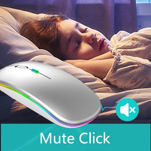 ماوس LED لاسلكي، ماوس مكتبي بصري نحيف وصامت مزدوج الوضع 2.4G+BT قابل لإعادة الشحن بـ 7 ألوان مع جهاز استقبال USB، 3 مستويات DPI قابلة للتعديل لأجهزة الكمبيوتر المحمول والكمبيوتر الشخصي وأجهزة MacBook (أسود) in Saudi Arabia