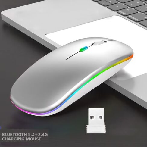 ماوس LED لاسلكي، ماوس مكتبي بصري نحيف وصامت مزدوج الوضع 2.4G+BT قابل لإعادة الشحن بـ 7 ألوان مع جهاز استقبال USB، 3 مستويات DPI قابلة للتعديل لأجهزة الكمبيوتر المحمول والكمبيوتر الشخصي وأجهزة MacBook (أسود) in Saudi Arabia