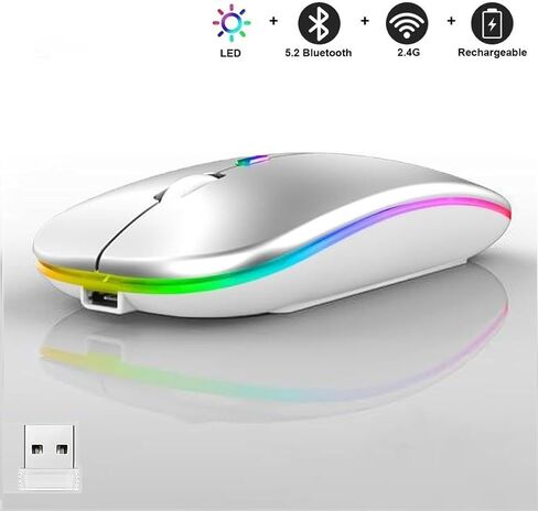 ماوس LED لاسلكي، ماوس مكتبي بصري نحيف وصامت مزدوج الوضع 2.4G+BT قابل لإعادة الشحن بـ 7 ألوان مع جهاز استقبال USB، 3 مستويات DPI قابلة للتعديل لأجهزة الكمبيوتر المحمول والكمبيوتر الشخصي وأجهزة MacBook (أسود) in Saudi Arabia