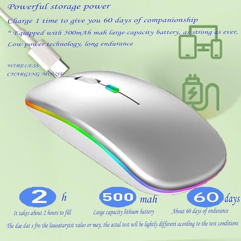 ماوس LED لاسلكي، ماوس مكتبي بصري نحيف وصامت مزدوج الوضع 2.4G+BT قابل لإعادة الشحن بـ 7 ألوان مع جهاز استقبال USB، 3 مستويات DPI قابلة للتعديل لأجهزة الكمبيوتر المحمول والكمبيوتر الشخصي وأجهزة MacBook (أسود) in Saudi Arabia