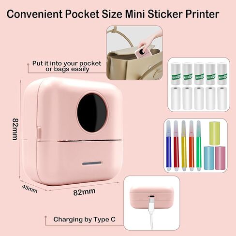 MXiiXM Mini Sticker Printer, Portable Pocket Smart Inkless Thermal Printer with 13 Roll Papers, Bluetooth Mini Printer for Notes, Photos, Stickers, Labels, Receipts (Pink) in Kuwait