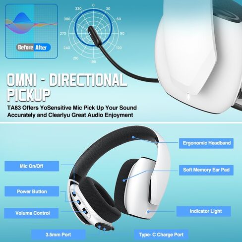 سماعة ألعاب لاسلكية BENGOO TA83 لجهاز PS5 PS4 PC، سماعات رأس بلوتوث 2.4G USB للألعاب مع ميكروفون لإلغاء الضوضاء لمفتاح كمبيوتر Mac المحمول in Kuwait